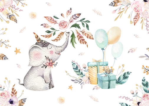 Cute baby elephant nursery animal isolated illustration for children. Bohemian watercolor boho forest elephant family drawing, watercolour image. Perfect for nursery posters, patterns. Birthday