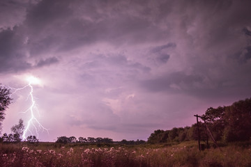 Thunderstorm with lightning on the field
