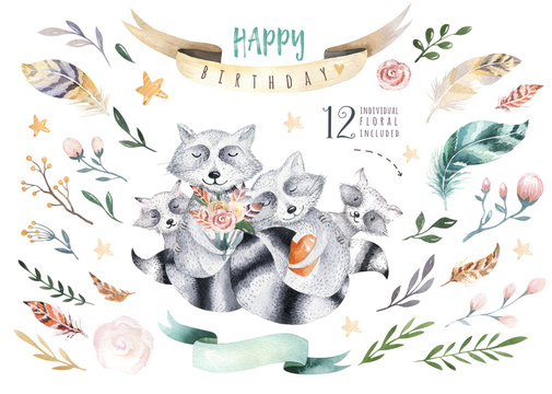 Cute baby raccon nursery animal isolated illustration for children. Bohemian watercolor boho forest raccons family drawing, watercolour image. Perfect for nursery posters, patterns. Birthday