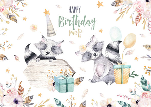 Cute baby raccon nursery animal isolated illustration for children. Bohemian watercolor boho forest raccons drawing, watercolour image. Perfect for nursery posters, patterns. Birthday invitation