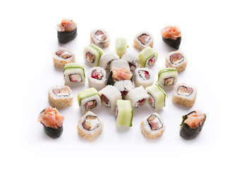 Set of sushi, maki and rolls isolated on white background
