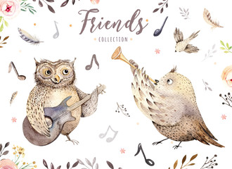 Hand drawn watercolor owl, mouse and bird dancing animals. Boho nursery decoration illustrations, music trendy art. Perfect for fabric design.