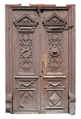 A very old archaic wooden door and frame is painted brown.