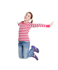 Happy teenage girl jumping on white isolated background