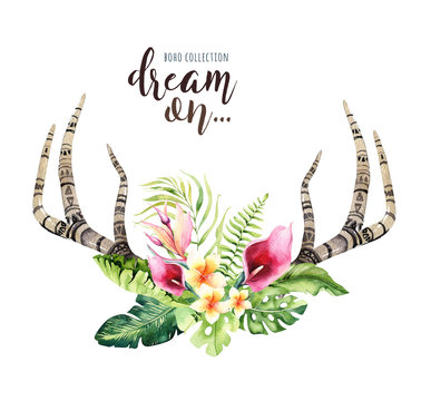 Hand drawn watercolor deer horns with tropical flower bouquets. Exotic palm leaves, jungle tree, brazil tropic botany flowers and cow skull. Aloha collection.