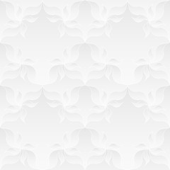 Neutral white texture. Decorative background with 3d pleated paper effect. Vector seamless repeating pattern with floral elements.