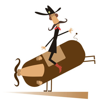 Rodeo, man and bull isolated. Man or cowboy with long mustache is riding on the bull isolated
