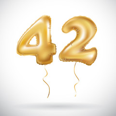 vector Golden 42 number forty-two metallic balloon. Party decoration golden balloons. Anniversary sign for happy holiday, celebration, birthday, carnival, new year.