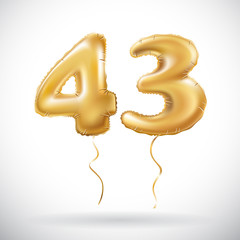 vector Golden 43 number forty three metallic balloon. Party decoration golden balloons. Anniversary sign for happy holiday, celebration, birthday, carnival, new year. - obrazy, fototapety, plakaty