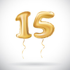 vector Golden number 15 fifteen metallic balloon. Party decoration golden balloons. Anniversary sign for happy holiday, celebration, birthday, carnival, new year.
