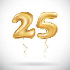 vector Golden number 25 twenty five metallic balloon. Party decoration golden balloons. Anniversary sign for happy holiday, celebration, birthday, carnival, new year.