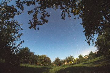 Starry sky in the summer evening over the village.