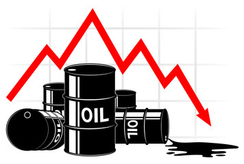 The fall in the price of oil. Graph and barrels. The cost decreases. The crisis of the economy.