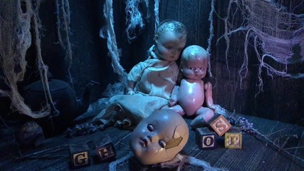 Flashlight shine on ghostly cracked dolls in moonlit attic - Powered by Adobe