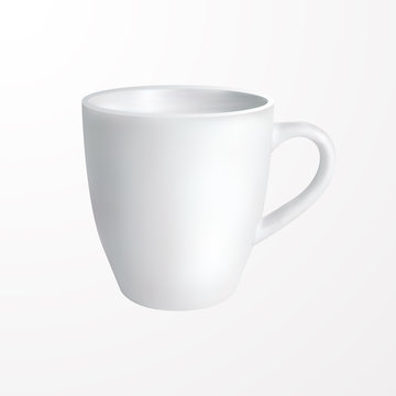 White mug Vector illustration Realistic design template of classic coffee mug on white background Empty template for print