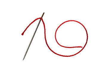 sewing needle with a red thread on a white background