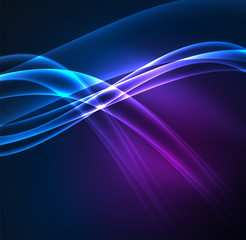 Energy lines, glowing waves in the dark, vector abstract background