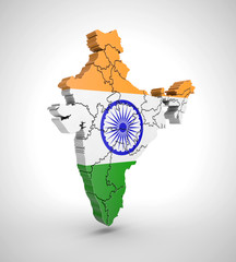 Map of India with flag and shadow on gray background. 3D rendering.