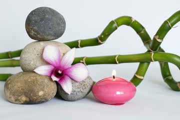 galets gris naturel disposés en mode de vie zen avec une orchidée bicolore, sur le coté droit des bambou torsadés et une bougie allumée sur fond blanc