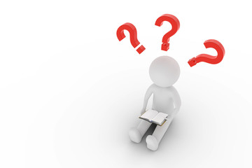 Mehr Fragen als Antworten. Ein 3D-Charakter sitzt auf dem Boden und liest ein Buch. Er hat drei rote Fragezeichen über dem Kopf. 