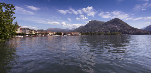 The Monte Bre and Parco Ciani on the right and the houses of Lugano on the left - Lugano, Lake Lugano, Lugano, Ticino, Switzerland, Europe