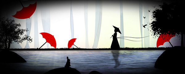 Geisha with Red Umbrella cartoon character in the real world silhouette art photo manipulation - obrazy, fototapety, plakaty