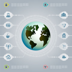 Title page with the globe, figures and signs of the Internet