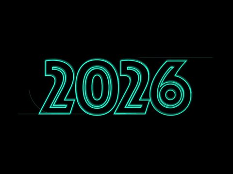 Jahreszahl 2026 in Petrol auf Schwarz geschrieben-Animiert