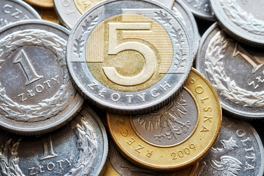 Close up picture of Polish Zloty coins.