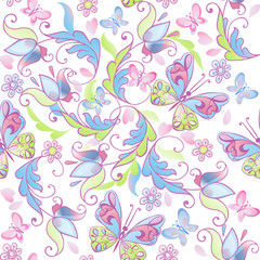 Cute floral seamless pattern with pink and blue butterflies. Decorative ornament backdrop for fabric, textile, wrapping paper. Vector illustration