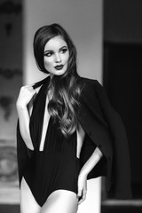 Beautiful young girl, fashion portrait. Black and white image