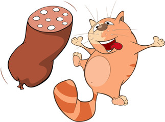 Illustration of a Cute Cat and a Sausage. Cartoon Character