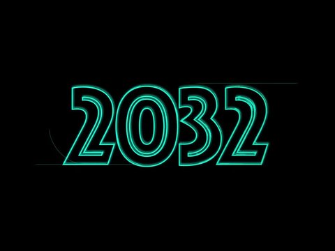 Jahreszahl 2032 in Petrol auf Schwarz geschrieben-Animiert