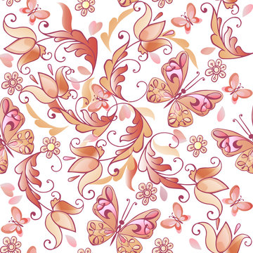 Cute pink floral seamless pattern with butterflies and hearts. Vector floral seamless pattern for greeting cards, invitations. Decorative ornament backdrop for fabric, textile, wrapping paper