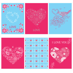 Set of cute greeting cards with the design theme of love. Greeting cards On a pink and blue background