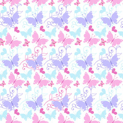 Cute Floral seamless pattern with blue and pink butterflies and hearts. Decorative ornament backdrop for fabric, textile, wrapping paper