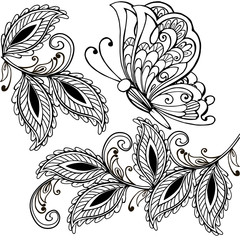 Hand drawn Butterfly and decorative leaves adult anti stress coloring pages, t-shirt print. Boho, henna tattoo design