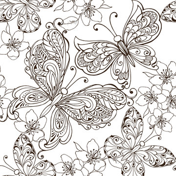 Hand drawn flowers and butterflies for the anti stress coloring page. Floral seamless ornament with butterflies monochrome