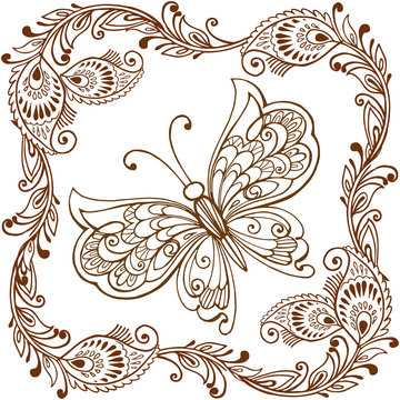 Decorative butterfly with Indian paisley ornament. Decorative butterfly for coloring anti-stress. Vector illustration