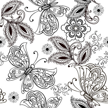 Hand drawn flowers and butterflies for the anti stress coloring page