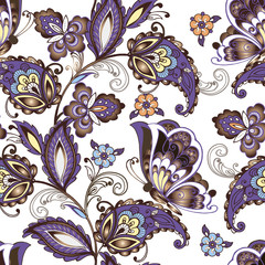 Seamless oriental floral pattern with butterflies. Vintage flowers seamless ornament in blue colors. Decorative ornament backdrop for fabric, textile, wrapping paper