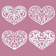 Obraz na płótnie Canvas Set of laser cut hearts. Template for interior design, layouts wedding cards, invitations. Vector floral heart