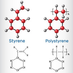 Styrene and Polystyrene (PS) polymer molecule - structural chemical formula and model