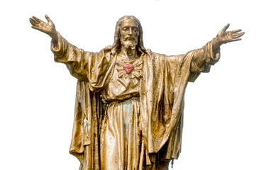 Old Jesus Christ golden statue isolated over white background