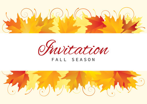 Fall Invitation Card Design with Leaves. Vector Template  background  with many red and yellow maple leaves at retro style