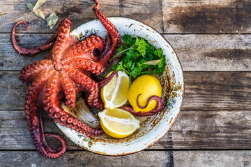Big boiled octopus with lemon and parsley, rustic style, top view © fazeful