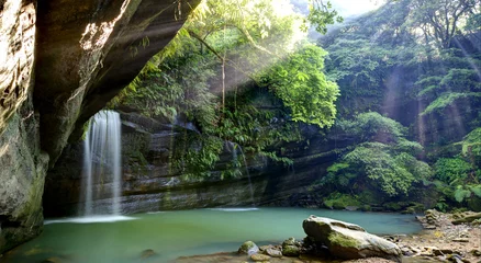 Papier Peint photo Lavable Cascades A cool refreshing waterfall pouring into an emerald pond hidden in a mysterious forest with sunlight beams shining through lush greenery ~ Beautiful river scenery of Taiwan ( Bright spring version ) 