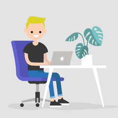 Working space. Young character typing on a laptop / flat editable vector illustration, clip art