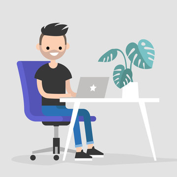 Working space. Young character typing on a laptop / flat editable vector illustration, clip art