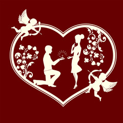 Plakat Silhouette of a heart with cupids and a loving couple